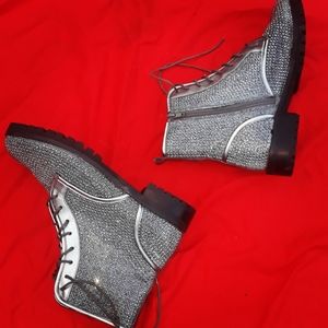 Rhinestone Lace- Up Combat Booties